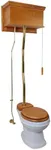 Renovators Supply Manufacturing High Tank Pull Chain Toilet With Light Oak Wooden Flat High Tank 59 In. To 74 In. Adjustable Height Brass Z Pipe And Round Toilet Bowl