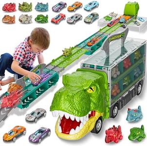 13 in 1 Dinosaur Toys Car for Kids, Dinosaur Transport Truck Track Set，Toddler Boy Toys Age 2-4 1-3，Birthday Gifts Toy for 3 4 5 6+ Year Old Boy，Foldable Track & Race Mode W/ 6 Dino Car & 6 Race Car