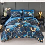 ANGIYUIN 7 Pieces Marble Metallic Bed in A Bag King, 3D Geometric Hexagon Theme Decor Gold Trim King Comforter Bedding Sets, Modern Blue Foil Print Duvet Insert for All Season (Blue King)