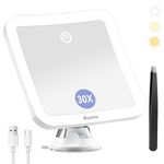Auxmir Magnifying Mirror with Light, 30X Magnifying Lighted Makeup Mirror with Powerful Suction Cup and Tweezers, 360° Rotating 2000 mAh Rechargeable 3 Light Colors for Shaving, Bathroom, Travel