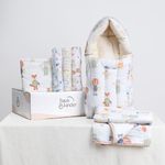 Haus and Kinder New Born Baby Essentials Gift Box- Pack of 6 | Muslin Swaddle for Baby | Reversible Blankets | Fitted Crib Sheet | Baby Sleeping Bag for 0-12 Months | Baby Shower Gifts (Jungle Party)