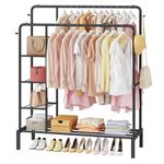 JOISCOPE 47'' * 65'' Clothing rack Heavy Duty with Double Rods, Garment Rack for Hanging Clothes with 4 Layer Storage Shelf & Hooks for Clothing Storage, Metal Clothes Rack Freestanding Hanger, Black