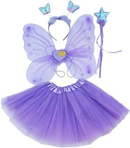 Fun Play - Disfraz de Hada para niñas - Alas de Mariposa, Tutú, Varita Mágica y Diadema - Disfraz de Mariposa o Ángel con Alas para niñas de 3-8 años - Color Morado