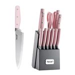 hecef Kitchen Knife Block Set, 14 Pieces Knife Set with Wooden Block & Sharpener Steel & All-Purpose Scissors, High Carbon Stainless Steel Cutlery Set