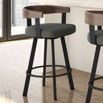 Amisco Lars 26" Swivel Counter Height Barstool, Upholstered Stool with Solid Wood Back and Arms for Kitchen Island or Bar, Drees Stool,Charcoal Grey Polyester/Brown Wood/Black Metal