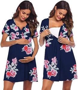 Ekouaer Labor/Delivery/Hospital Gown Maternity Dress Nursing Nightgown Sleepwear for Breastfeeding V Neck Short Sleeve Sleeping Dress Navy Blue&pink Flower M