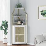 Amyove Corner Wine Bar Rack Cabinet with Detachable Wine Rack, Bar Cabinet with Glass Holder, Small Sideboard and Buffet Cabinet with Mesh Door