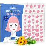 Acne Patch Pimple Patch, LitBear Pink Heart & Star Shaped Acne Absorbing Cover Patch, Hydrocolloid Acne Patches For Face Zit Patch Acne Dots, Tea Tree Oil + Centella, 108 Patches, 12mm & 8mm