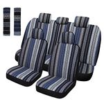 Pariitadin Baja Saddle Blanket Car Seat Covers Full Set with Seat Belt Pads, Washable Breathable Striped Woven Cloth Seat Covers for Cars Interior, Universal Fit Most Cars, Airbag Compatible, Blue