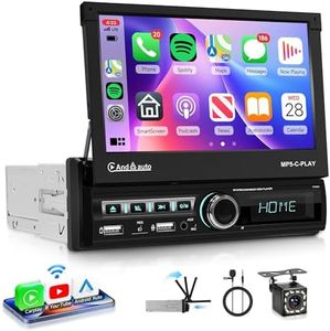 Rimoody Car Stereo Single Din Touch Screen Electric Flip Out Car Radio with Bluetooth, Wireless Carplay, Android auto, 7 Inch Touchscreen, EQ, FM, Mirror Link, TF-Card, USB-2 + Rear View Camera