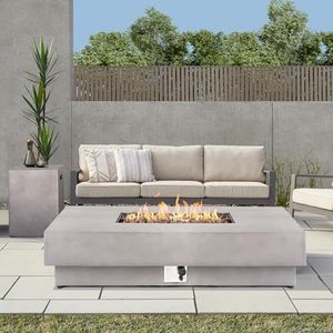 ReeQuo 60-inch Outdoor Propane Fire Pit Table Set - 2-Piece, 50,000 BTU, Concrete Large Rectangular Fire Table with Lid, Propane Tank Table, Lava Rocks, Rain Cover - Perfect Firepit for Outdoor Use