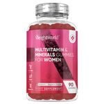 Multivitamin Gummies for Women - 90 Vegan Gummies - 10 Multivitamins and Minerals - with Hyaluronic Acid, CoQ10 & Evening Primrose Oil - Natural Strawberry & Raspberry Flavoured Womens Multivitamins