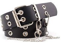 Double-Grommet-Belt Leather Punk-Waist-Belt with Chain for Women Jeans Dresses (Black With Chain)