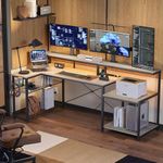 Bestier 71.5 inch Computer Desk with Power Outlets, LED Gaming Desk with Long Monitor Stand, Large Home Office Desk with Storage Shelf, Cup Holder & Headset Hooks L Shaped Desk Retro Grey Oak