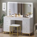 DWVO Vanity Desk with Lights and Stool, Power Outlet, 9 Drawers Makeup Table, Large LED Mirror with 3 Color Lighting Modes, for Bedroom and Dressing Room, Milky White