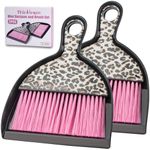 THINKLEARN 2PCS Mini Dustpan and Brush Set, Small Broom and Dustpan Set with Pink Leopard Print Design, Hand Broom Whisk Broom and Dust Pan for Cleaning Desk, Home, Cars, Pets, Kids