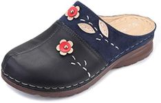 gracosy Clogs Shoes for Women, Summer Leather Slippers Loafers Slip on Comfort Mules Antil Slip Beach Slippers Ladies Flowers Sandals Dark Blue 8
