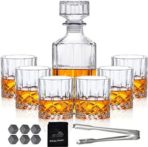 Whiskey Decanter Set for Men, Whiskey Glasses and Decanter with Cooling Stones and 1 Clip Clear Glass Whisky Liquor Decanter Set for Whiskey Bourbon Rum Men Fathers'Gift