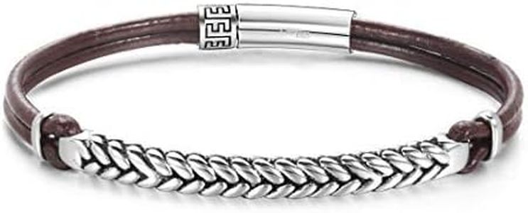 FANCIME Fathers Day Footprint 925 Sterling Silver Genuine Mens Leather Bracelet Braided Rope Energy Charm Push Button Locking Clasp, 9.0" Brown