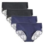 LIQQY Women's 4 Pack Cotton Mid Rise Full Coverage Lace Hipster Brief Panty Knicker Underwear (Medium, Black/Navy Blue)