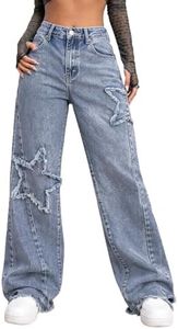 Kedera Women's Wide Leg Denim Pants Teen Star Raw Edge Baggy Trousers High Waisted Boyfriend Y2K Jeans Girls Fashion Blue