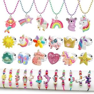 AKILION Kids Jewellery for Girls Toys Age 6-8, Kids Unicorn Rings Bracelet Necklace, Princess Dress Up Pretend Play Jewellery Kit for Toddler Little Girls, 3 4 5 6 7 Year Old Girls Gifts, Party Favors