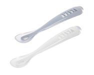 Beaba 1st Stage Silicone Spoon - Set of 2, Baby Led Weaning Self Feeding Training Spoon with Ultra Soft Tip, Gum Friendly, Ergonomic Handles, BPA Free, Pebble, 4 Months+