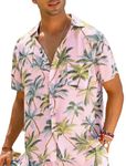 EISHOPEER Hawaiian Shirt for Men Funky Casual Button Down Short Sleeve Beach Shirts Pink & Palm Tree Large