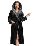 Vislivin Fleece Dressing Gown for Women Fluffy Hooded Dressing Gown Luxury Robe Soft Bathrobe Black-L