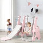 EAQ 4-in-1 Slide and Swing Set with Climber and Basketball Hoop,Play Climber Slides Playset for Indoor & Backyard (PInk)