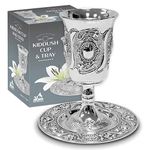 Ner Mitzvah Tall Kiddush Cup and Tray - Premium Quality Silver Plated Goblet with Stem - Shabbat and Havdalah Goblet - Judaica Shabbos and Holiday Gift