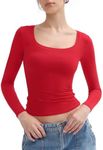 PUMIEY Women's Long Sleeve T Shirts Scoop Neck Slim Fit Going Out Tops Double Lined Basic Tee, Ruby XX-Large