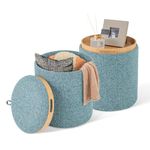 COSTWAY Round Footstools Set of 2, Nesting Pouffe Ottoman Footrest with Reversible Tray Top and Hidden Storage, Modern Upholstered Dressing Vanity Stool Makeup Seats for Living Room Bedroom, Blue