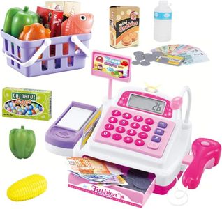 Cash Register Pretend Play Supermarket Shop Toys with Calculator ,Working Scanner,Credit Card ,Play Food ,Money and More.(Colour May Random)