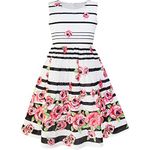 Sunny Fashion Girls Dress Black Striped Pink Flower Size 9-10 Years