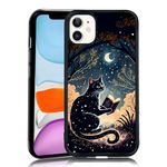 MMYAJT Black Whimsical Cat Phone Case Compatible with iPhone 11 — Moon Cat iPhone Case Shockproof Cute Black Cat Phone Cover Gift for Boy Girl Men Women