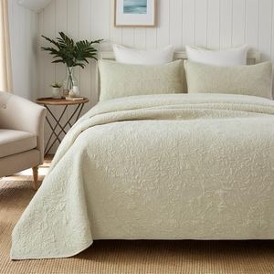 Brandream Luxury Botanical Cotton Quilt Set Queen Size Handcrafted Floral Vine Stitching, Sculpted Texture Design in Soft Beige, Premium Heirloom Bedding Set 3-Piece