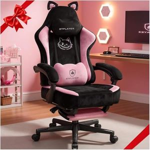 GTPOFFICE Cute Gaming Chair with Cat Ears, Ergonomic Computer Chair with Footrest Cat Paw Lumbar Support Comfortable Reclining Game Chair Desk Chair for Adult Teens, Soft Fabric, Pink Black