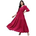 DEEBACO Women's Rayon Smocking Tiered Dress for Women|V Neck 3/4 Sleeves Fit & Flare Ankle Length Maxi Casual Western Plus Size Dress for Ladies Party Casual Wear Outfits (DBDR00000795_6XL_Magenta)