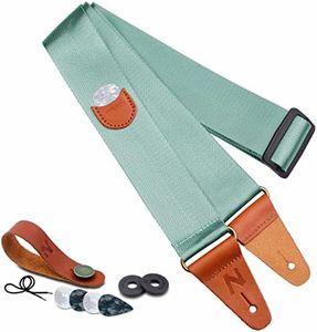 Guitar Strap with Pick Pocket, Vintage Nylon Full Grain Leather Ends Guitar Straps for Bass, Electric & Acoustic Guitar, Come with Free Strap Button, 1 Pair Strap Locks and 4 Guitar Picks (Light Green)