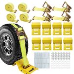 Allucky Wheel Chock Tie Down Kit 1500LBS for Trailer & Pickup Trucks - ATV, RZR, Lawn Mower, UTV Tie Down Straps -Heavy Duty Trailer Tire Straps System (4-Wheel Set)