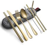 KITOME Portable Utensils, Travel Camping Cutlery Set, 8-Piece Including Knife Fork Spoon Chopsticks Cleaning Brush Straws Portable Case, Stainless Steel Flatware Set (Gold)