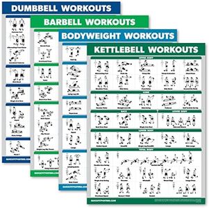 Palace Learning 4 Pack - Dumbbell Workouts + Barbell Workouts + Bodyweight Workouts + Kettlebell - Set of 4 Workout Charts (18” x 24”, LAMINATED)