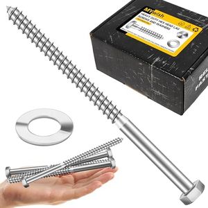Mywish (50Sets) 3/8" x 6" Lag Bolts, 304 Stainless Steel 3/8 inch Lag Screws Bolts for Wood, Heavy Duty Hex Head with Flat Washers Bolt Kit, Bright Finish