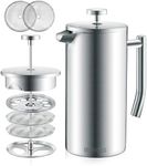 Belwares French Press Coffee Maker - 34 oz Double-Wall Insulated Coffee Press with 4-Level Filtration System, Stainless Steel 1 Liter - Perfect for Camping, Home, or Office