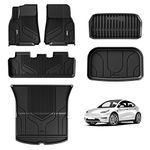 3W Floor Mats for Tesla Model Y 5-Seat 2020-2024 All-Weather TPE Floor Liner Compatible for Tesla Model Y, Full Set Black Floor Mats and Cargo Liner Mat Accseeories Custom Fit