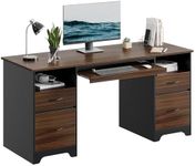 Bestier 59” Computer Desk with 4 Drawers, Office Desk with Storage, Industrial Executive Desk with File Drawer, Keyboard Tray & 2 Pedestals for Home Office & Studio, Cherry