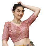 Pujia Mills Women's Indian Ethnic Wear Designer Silver Sequence with Matching Embroidered Work V Neck Half Sleeve Readymade Padded Saree Blouse Readymade Unique Peach Color Saree Blouse