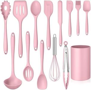 LIANYU 14 Pcs Kitchen Utensils Set, Silicone Cooking Utensils Spatula Set with Holder, Heat Resistant Cookware Tools Includes Spoon Turner Whisk Tong, Dishwasher Safe, Pink