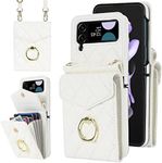 XIMAND for Samsung Galaxy Z Flip 3 Wallet Phone Case with Ring and Adjustable Crossbody Strap, Stylish and Muti-funtional Accordion Style Flip Case with 4 Card Slots for the Modern Women and girls（White）